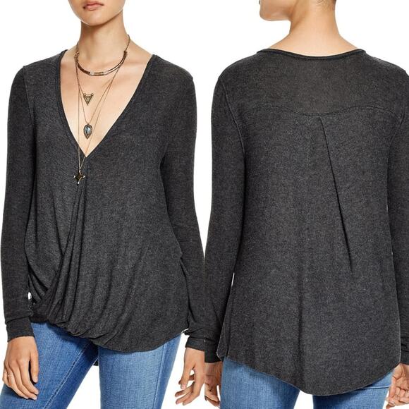 Free People Miss Rose Draped Front Jersey Knit Blouse Dark Grey Heather Wrap XS - Picture 14 of 16